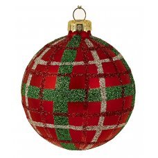 Χριστουγεννιάτικη Γυάλινη Μπάλα Κόκκινη Καρό με Πράσινη Ρίγα (8cm)